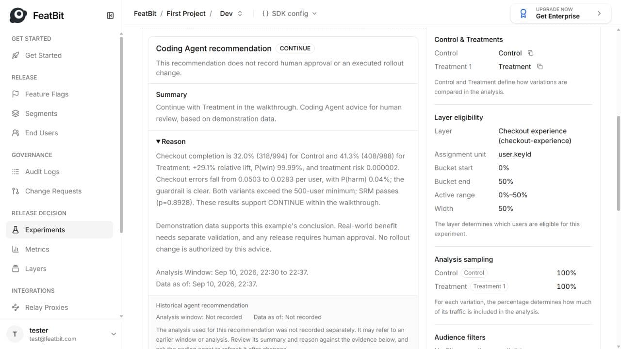 Codex recommendation saved through FeatBit MCP, showing CONTINUE and its supporting primary metric, guardrail, sample, and SRM evidence
