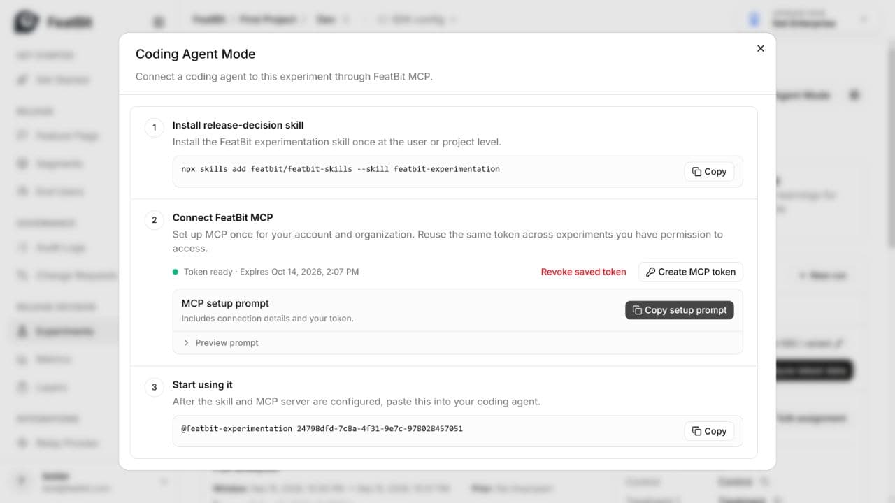Coding Agent Mode setup with skill installation, a ready MCP token, and Copy setup prompt