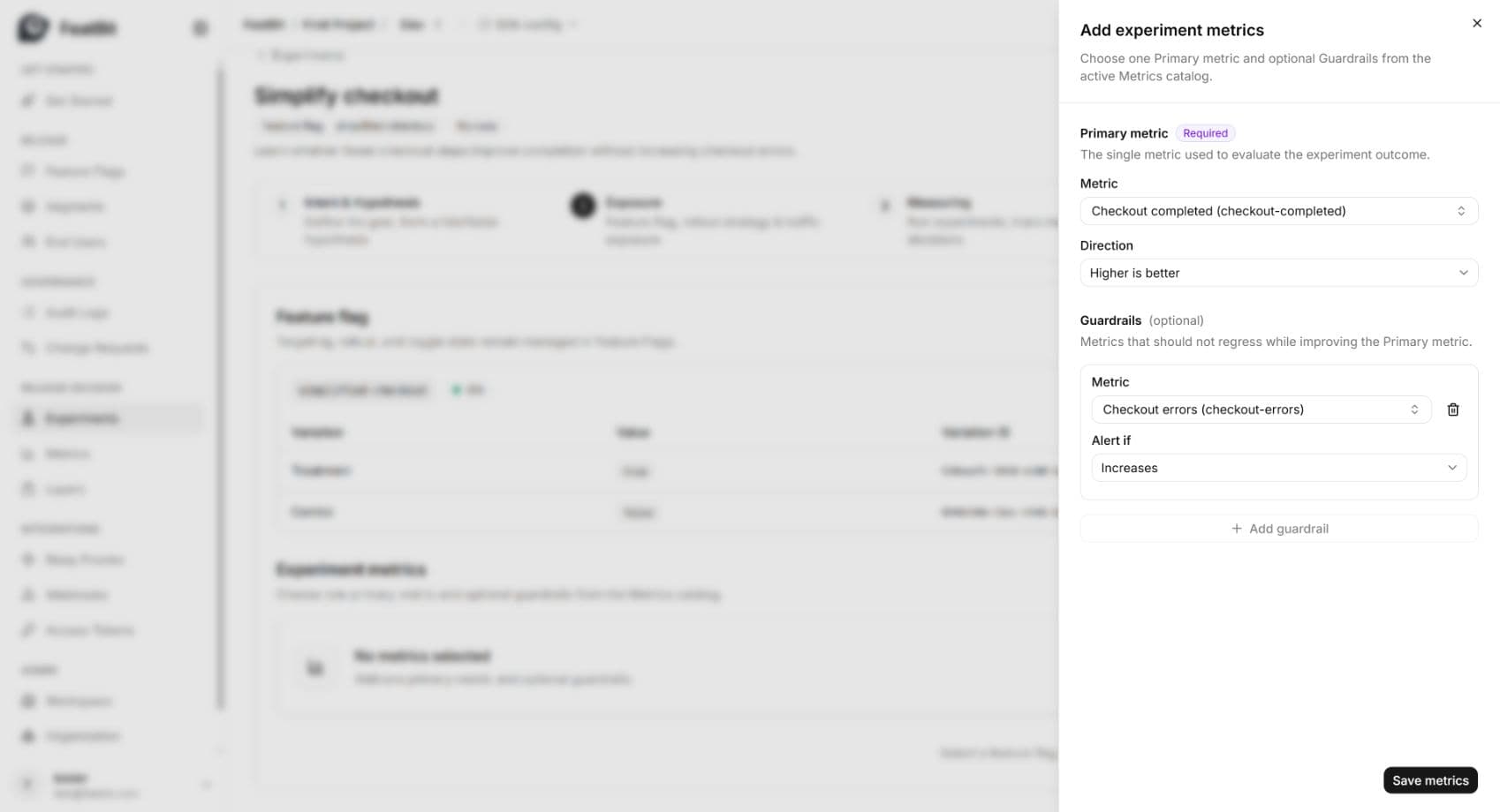 Experiment metric editor with Checkout completed as Primary and Checkout errors alerting on increases