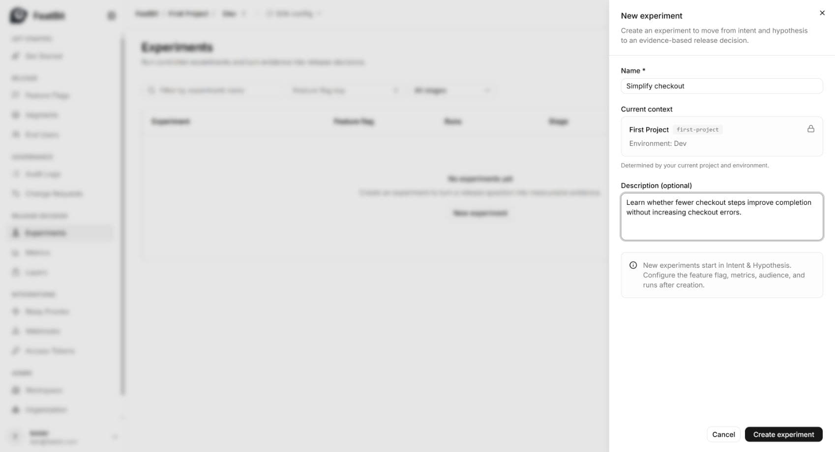 New Simplify checkout experiment in First Project and Dev