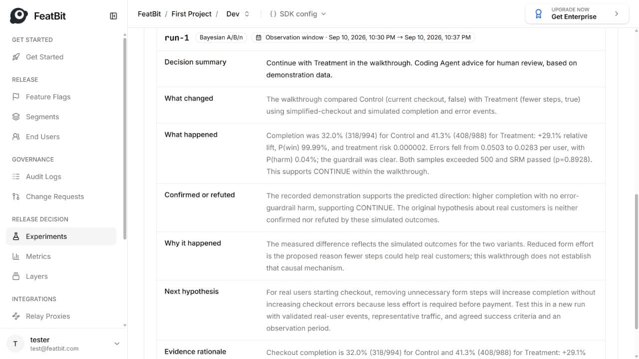 Structured run-1 learning saved by the coding agent, covering the change, outcome, interpretation, and next hypothesis