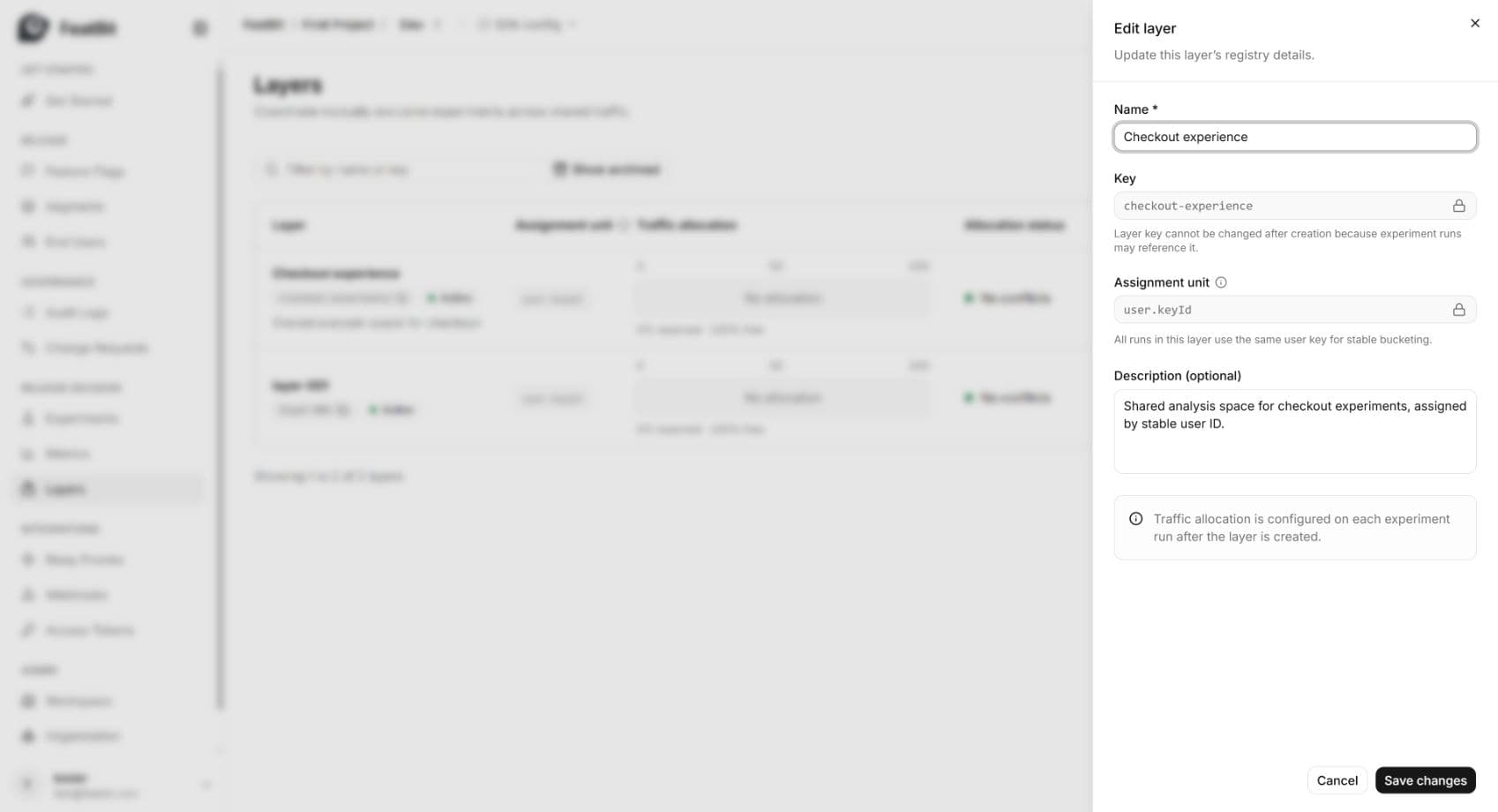Reopened Layer editor showing its saved description and read-only key and assignment unit