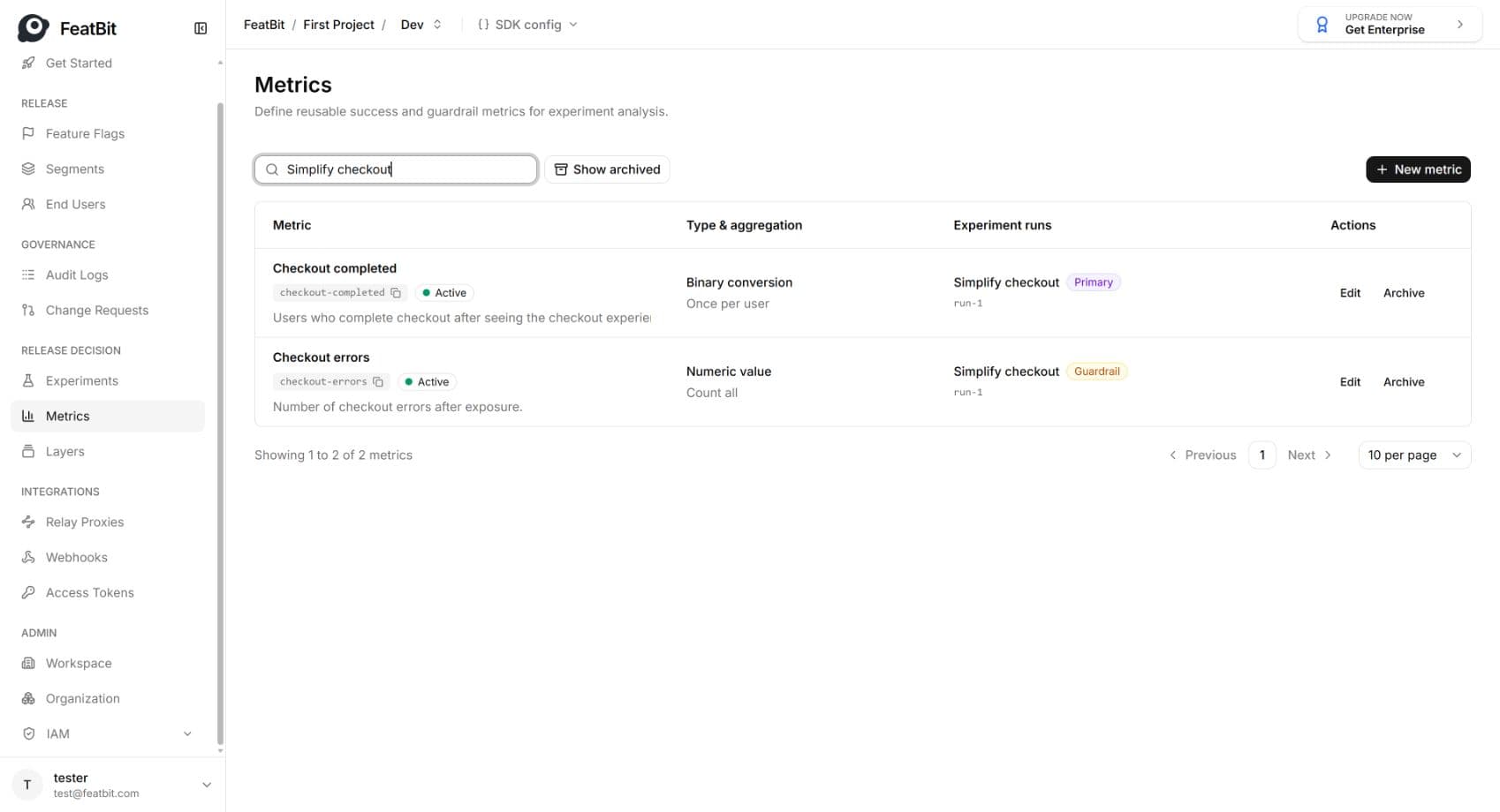 Metrics filtered by Simplify checkout, with Primary and Guardrail associations to run-1