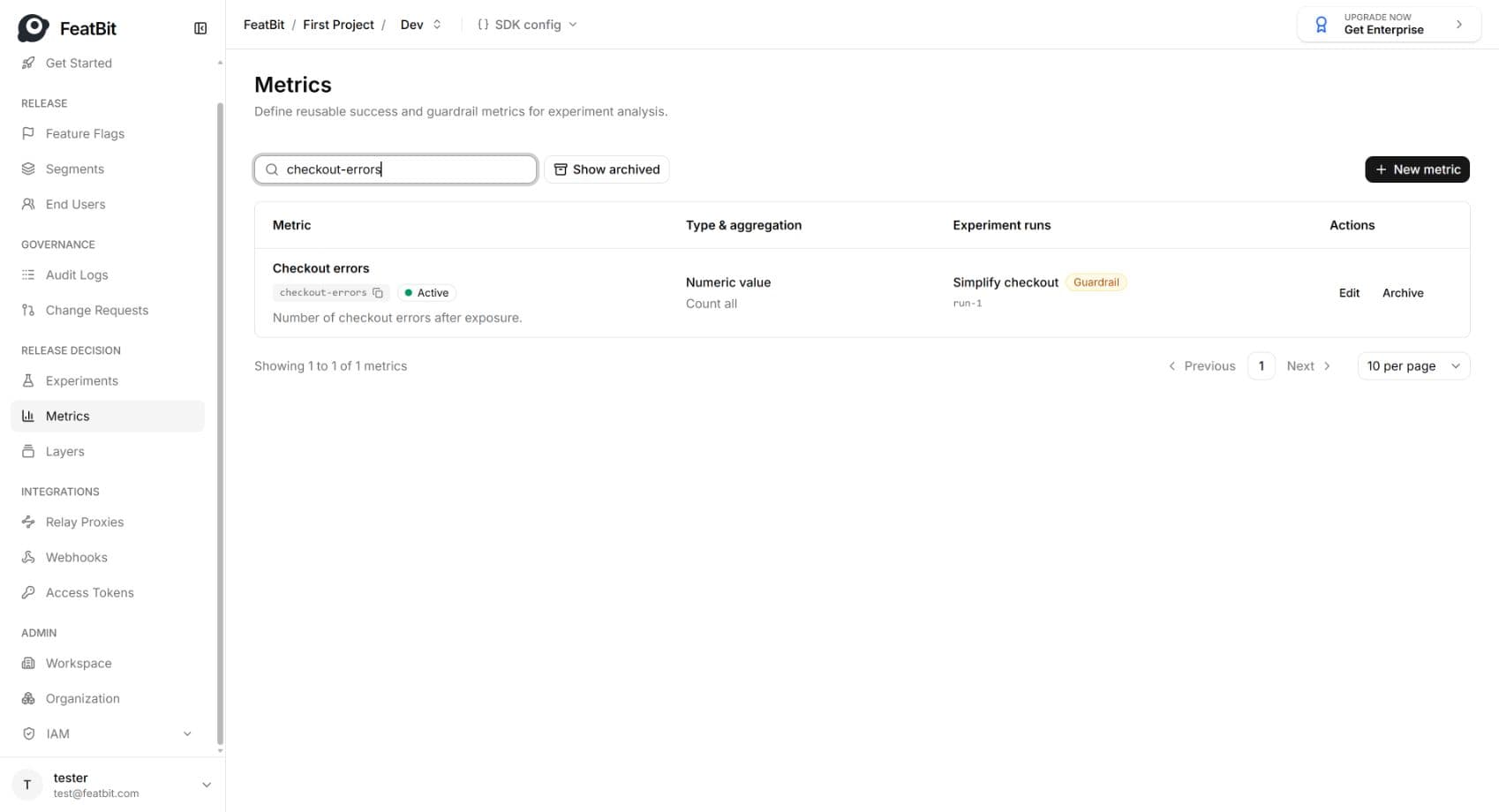 Metrics filtered by the checkout-errors key, showing the guardrail's run-1 association