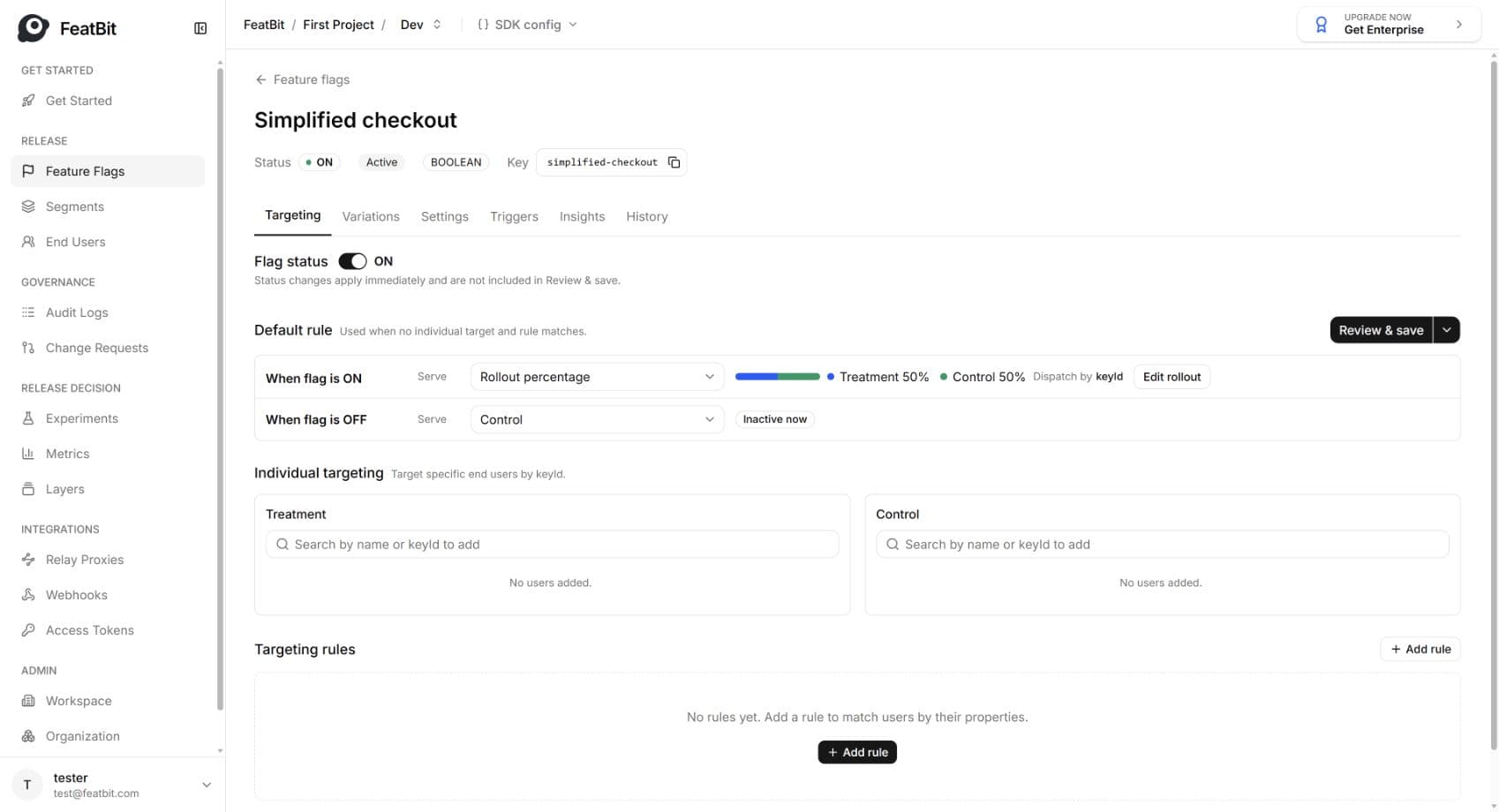 Enabled simplified-checkout flag with a saved 50/50 default rollout and no targeting overrides