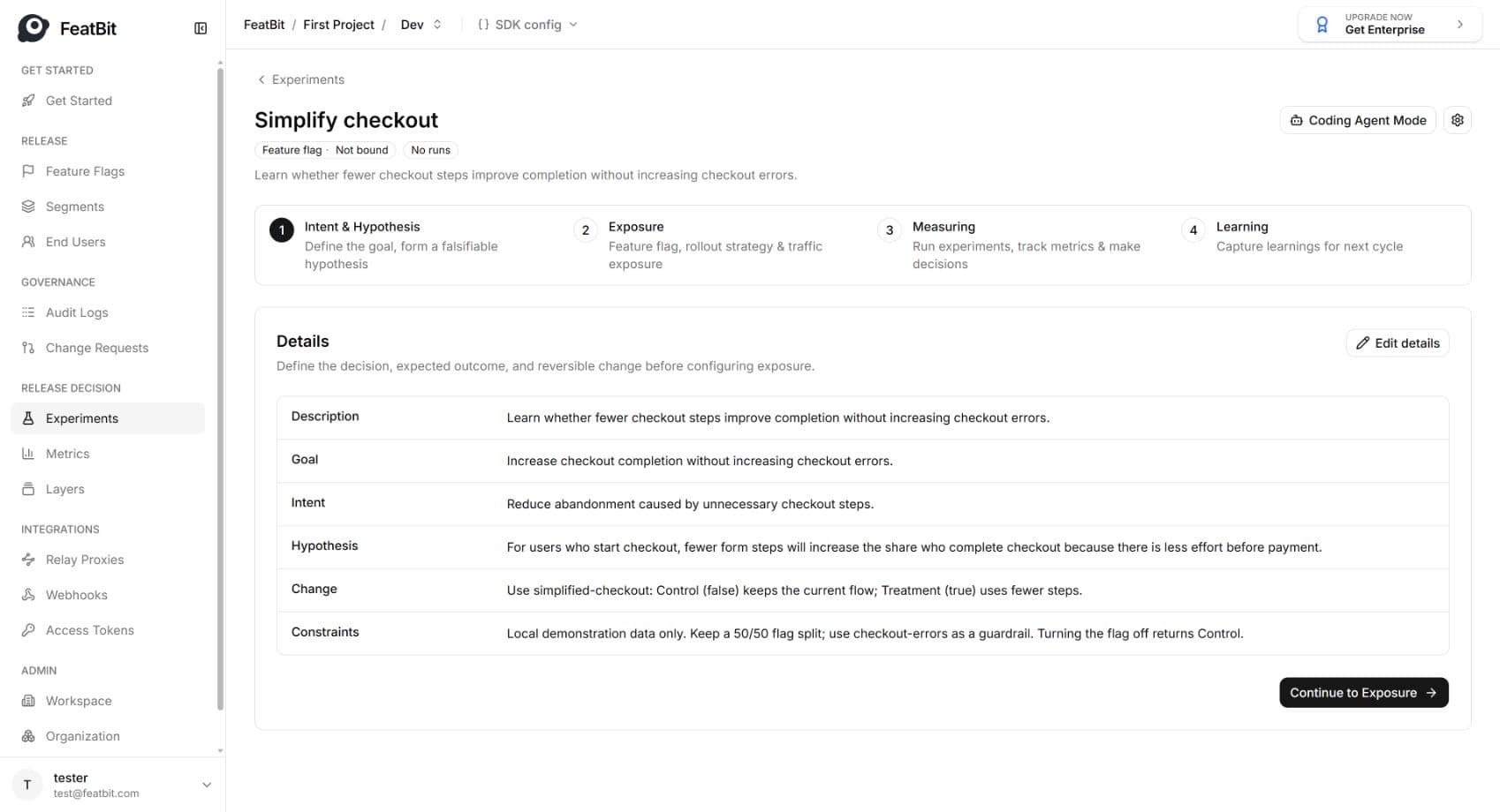 Saved checkout goal, intent, hypothesis, change, and constraints