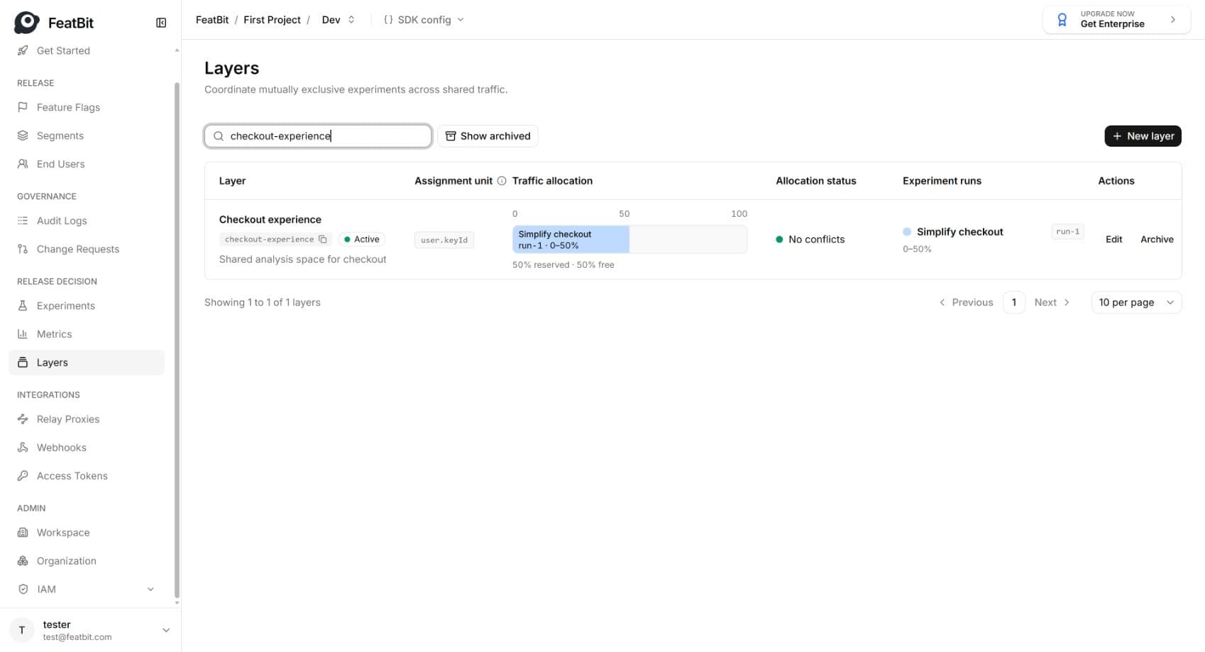 Checkout experience while run-1 is ongoing, showing its 0 to 50 percent reservation and No conflicts