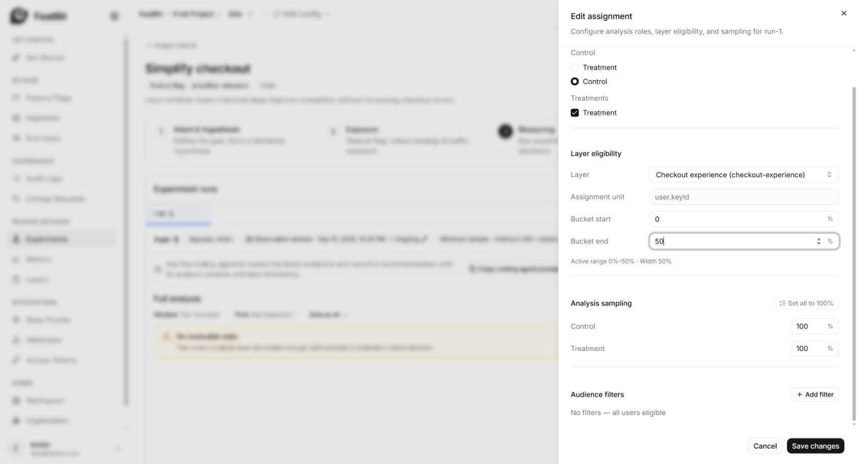 Run assignment with the Checkout experience Layer, a 0 to 50 percent range, and full analysis sampling