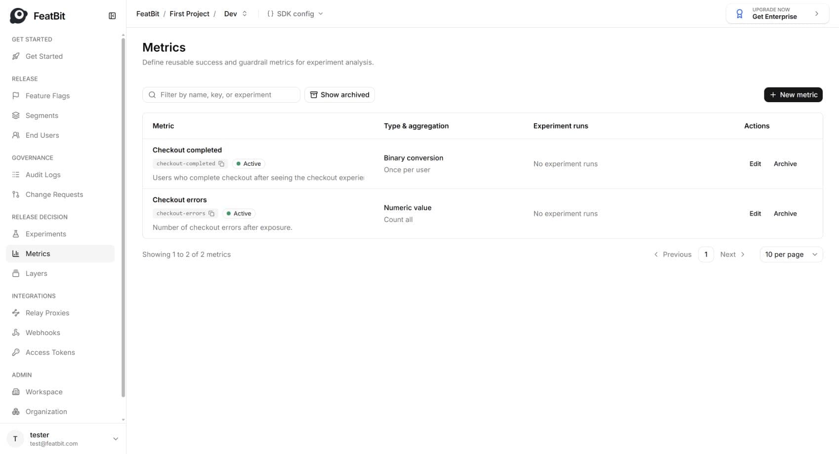 Saved Checkout completed and Checkout errors definitions in the Metrics list
