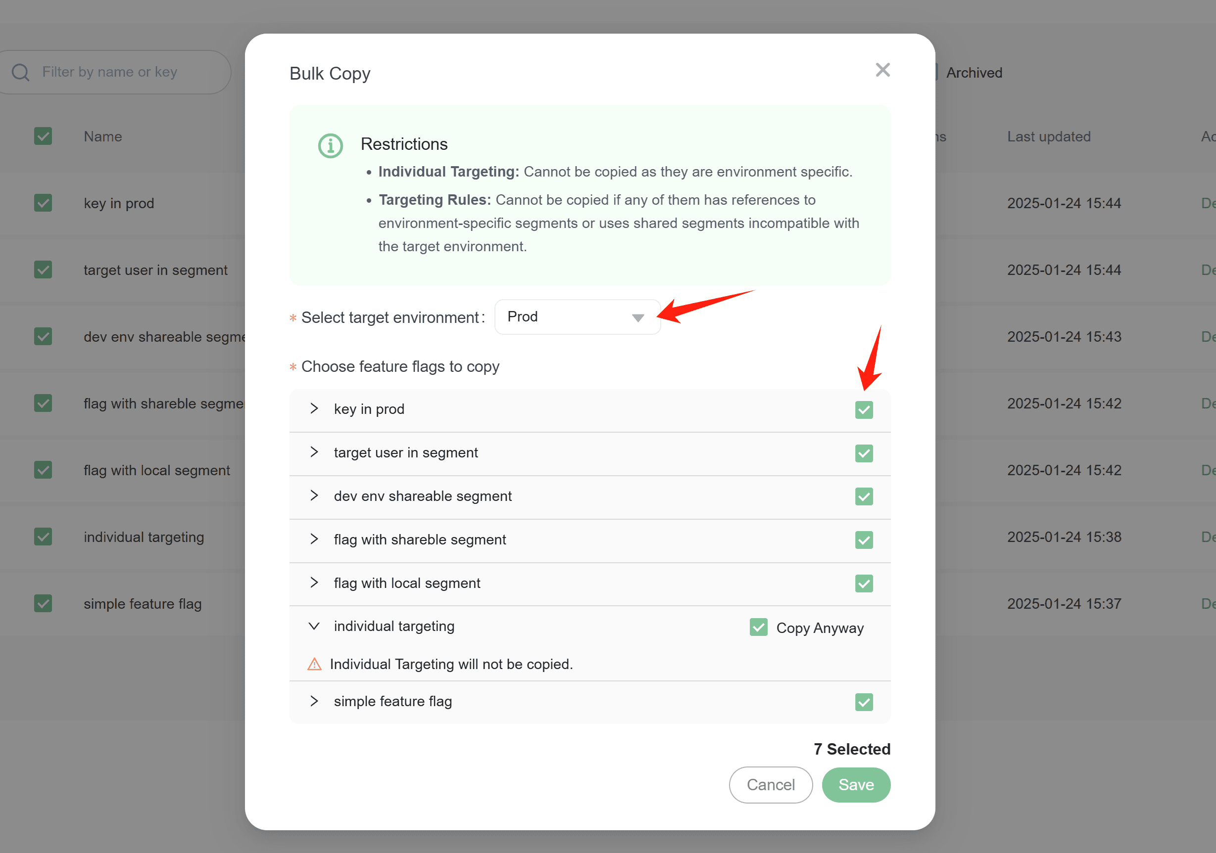 Choose the target environment and the flags to copy