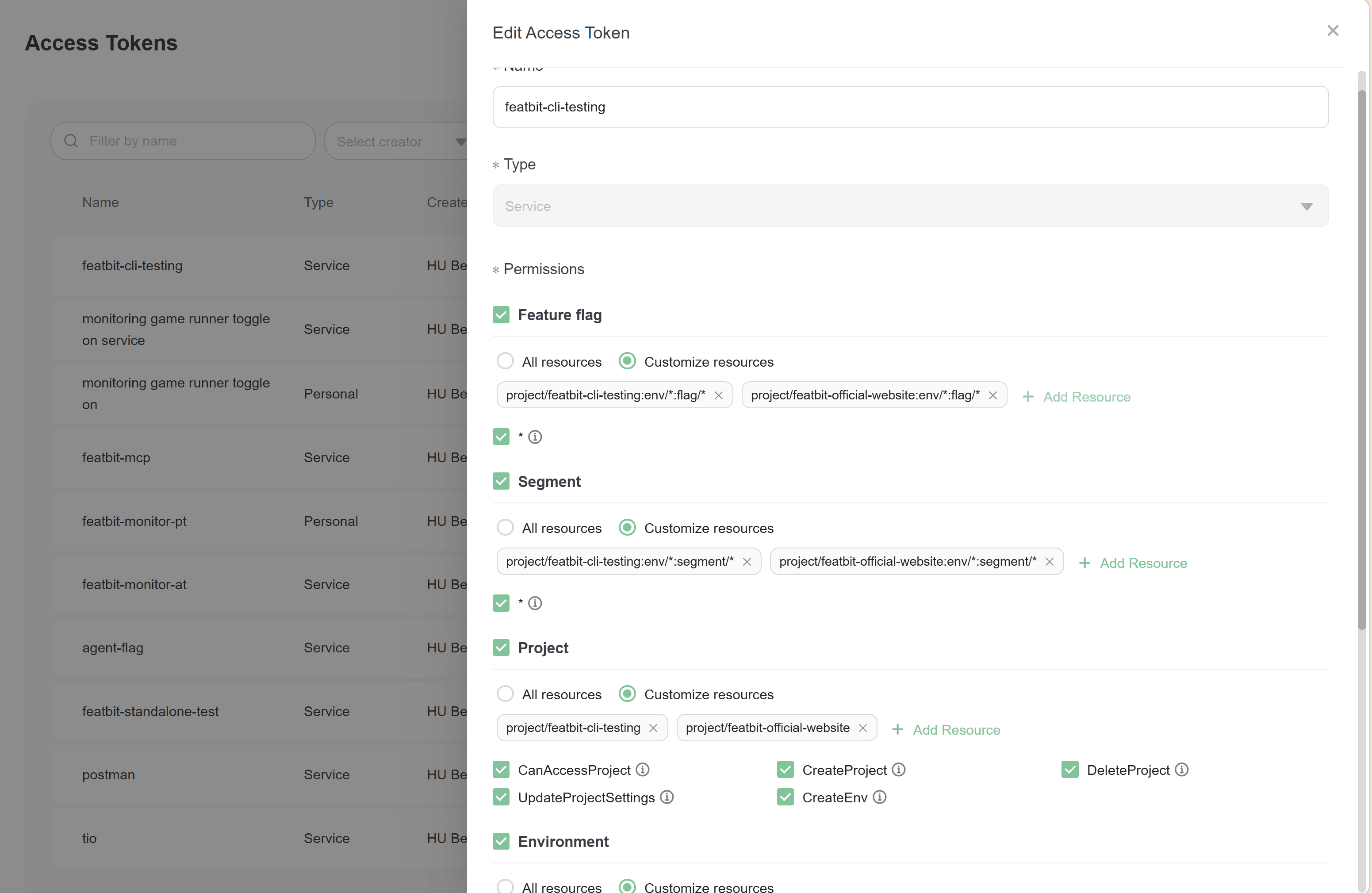 Access token permission configuration for feature flags