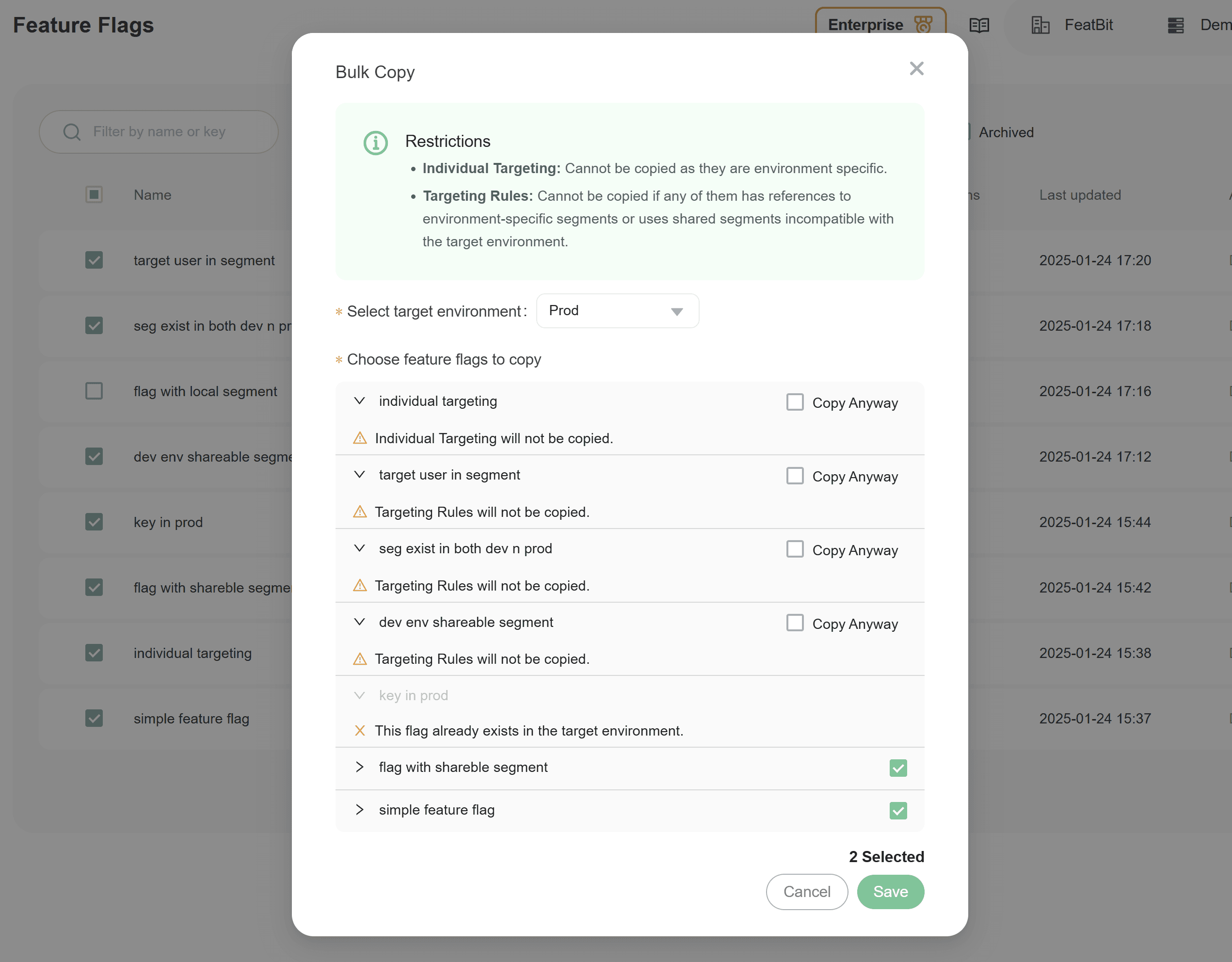 Restrictions on copying feature flags and their settings