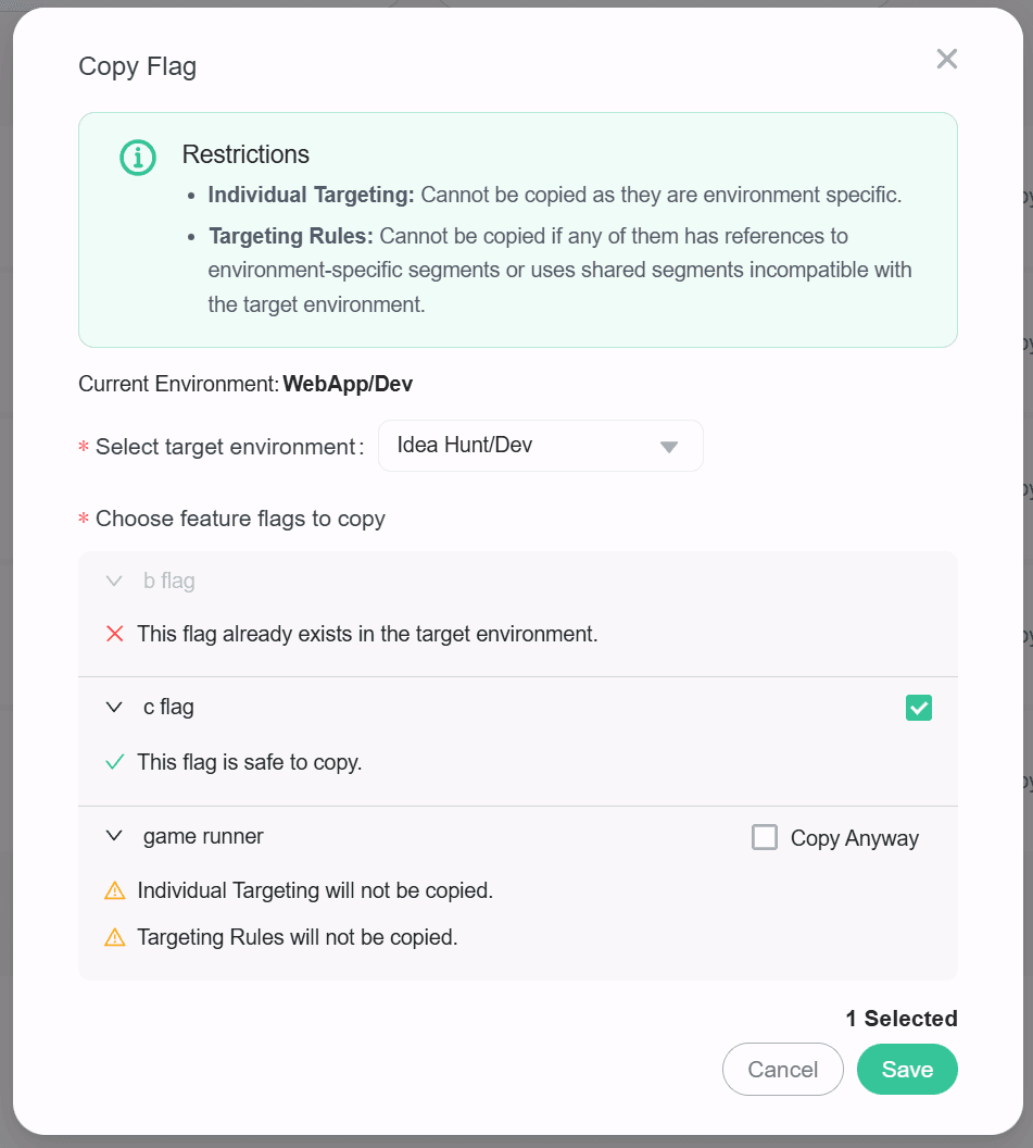 Restrictions on copying feature flags